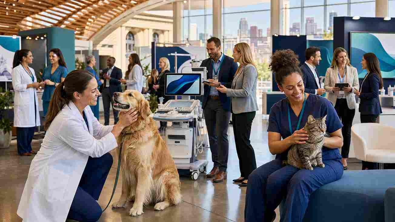 Veterinary professionals networking with animal-care technology at a modern conference
