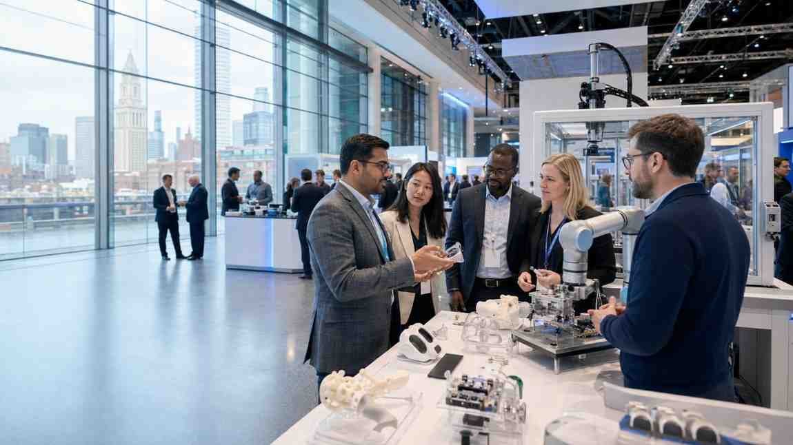 Medical device engineers, executives and exhibitors networking around MedTech demonstrations at a Boston conference
